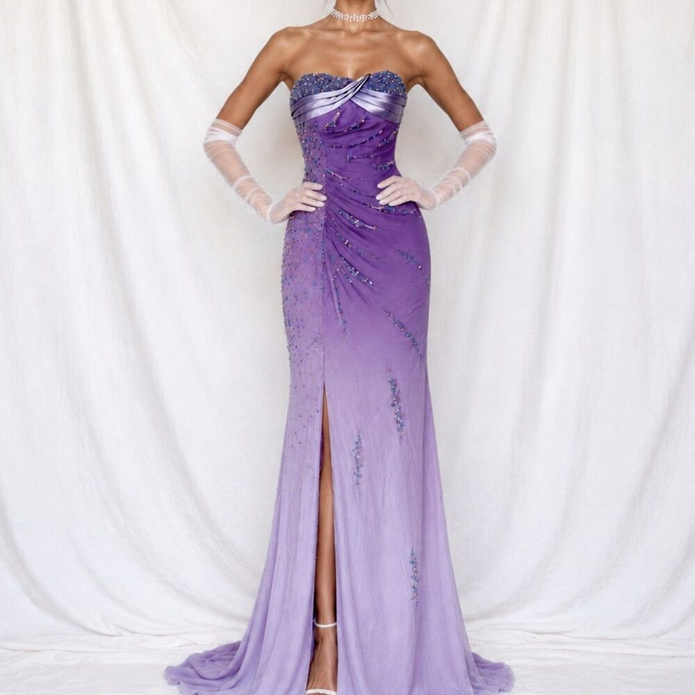 Vintage Purple Gradient Ombre Beaded Strapless Side Slit Maxi Prom Dress Size XS